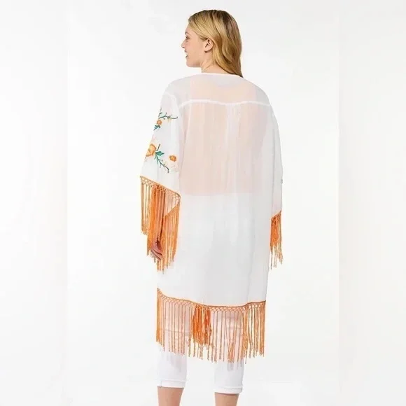 Cato | Embroidered Floral Fringe Kimono Boho Beach Various Sizes Available - Picture 3 of 3